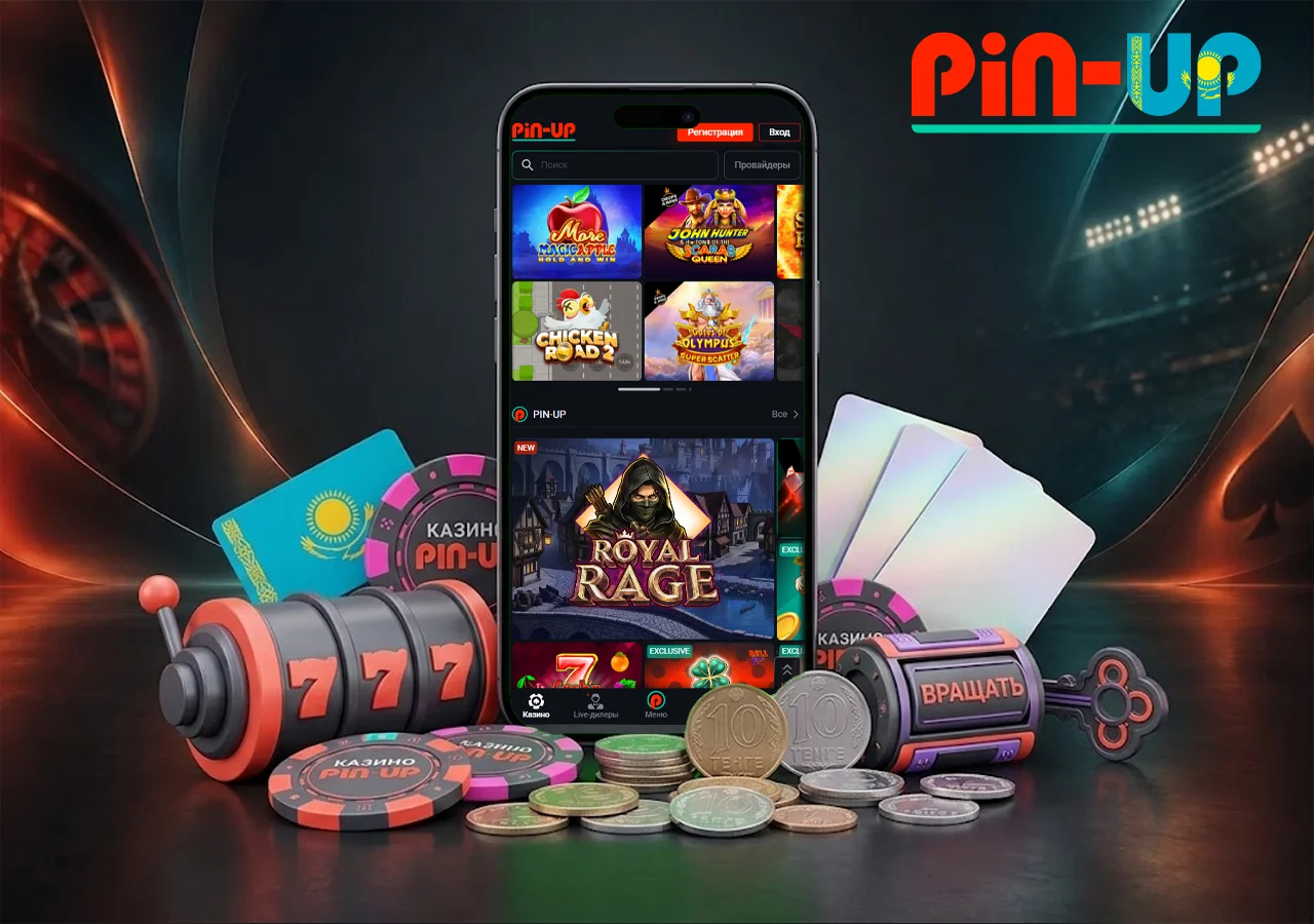 Каталог слотов Pin Up KZ на смартфоне с игровыми жетонами и монетами тенге
